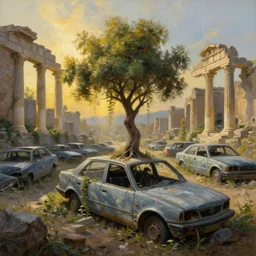 a tree growing on a scrap car in ancient greek ruins, gray wasteland, many scrap cars, overgrown, pillars and arches, vines, hyperrealistic, highly detailed, cinematic, ray of golden sunlight, beautiful, cgsociety, artstation, 8 k, oil painting by greg rutkowski, by artgerm, by wlop