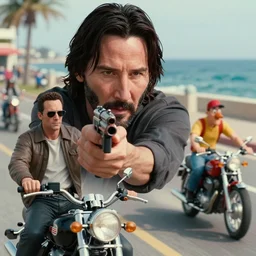 beautiful hyperrealism three point perspective film still of Keanu Reeves as neo aiming two uzi at agent smith in a nice oceanfront promenade motorcycle chase scene in Matrix meets tintin(1990) extreme closeup portrait in style of 1990s frontiers in translucent porclein miniature street photography seinen manga fashion edition, miniature porcelain model, focus on face, eye contact, tilt shift style scene background, soft lighting, Kodak Portra 400, cinematic style, telephoto by Emmanuel Lubezki