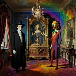 mysterious paranoia, maddening knowledge, forbidden information, strange weirdness, rainbow 3 d colors, venetian victorian atmosphere by rene magritte and salvadore dali