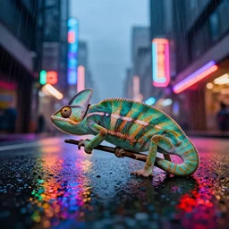 Chameleon, rain, neon lights reflecting off the street, low wide shot, 8k, colorful, award winning photo