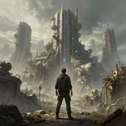 a man standing in front of a futuristic city, a detailed matte painting by senior environment artist, cgsociety, fantasy art, steampunk, dystopian art, matte painting