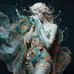 a wide portrait of a beautiful girl, porcellaine skin with golden tears, hiding face and torso behind beautiful intricate flowy silky cloth, dramatic lighting, splashy intricate thick paint texture on the face and body, intricare abstract flower arrangement, intricate cloth covering part of torso and face, teal and orange palette