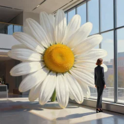 giant daisy flower head, woman with suit, standing next to modern window in luxury loft, surreal photography, sunlight, impressionist painting, digital painting, artstation, simon stalenhag
