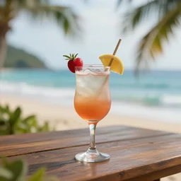5 5 mm photo of best cocktail on a wooden table with beach waves and tropical flora in the background. dof. bokeh. magical atmosphere. highly detailed 8 k. intricate. lifelike. soft light. nikon d 8 5 0.