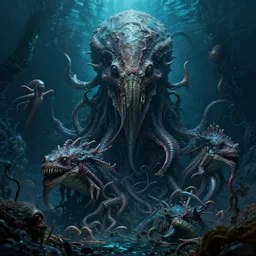 cosmic horror deep sea creatures movie poster, contrast, deep focus, turnaround, highly detailed, dramatic lighting, digital painting, artstation, concept art, matte, sharp focus, greg rutkowski, illustration.
