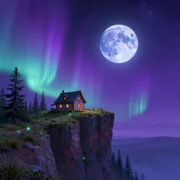 exotic landscape, a small house on the cliff, a very big blue moon, a purple sky full of small stars, dreamy, andromeda krogan nebula aurora wallpaper 3 d pixar disney digital cgi rtx hdr painting bioluminance alena aenami artworks in 4 kby loish beeple, by thomas kinkade