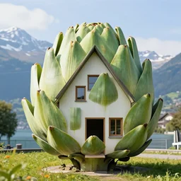 a house whose shape entirely looks like an artichoke. designed by frank gehry. switzerland in the background