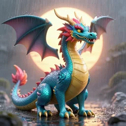 a multicolor dragon standing under the rain with the sun behind them, 4k detailed, digital art, very beautiful