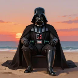 portrait shot of a darth vader relaxing on a beach during sunset, intricate, elegant, highly detailed, centered, digital painting, artstation, concept art, smooth, sharp focus, illustration, artgerm, tomasz alen kopera, peter mohrbacher, donato giancola, joseph christian leyendecker, wlop, boris vallejo
