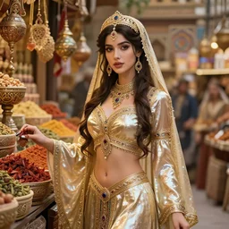 an arabian princess at a spice market, shiny, fantasy, intricate, elegant, hyper detailed, ultra definition, photoreal, artstation, unreal engine rendered, concept art, smooth, sharp focus, illustration, art by artgerm and greg rutkowski and alphonse mucha and garis edelweiss