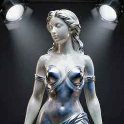 statue of a perfect woman, procelain, silver, blue steel, soft!!, ( desgined by apple ), studio photo, octane render, studio lights, macro lens
