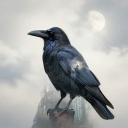a beautiful double exposure crow and witch and forest and moon portrait, soft white light, muted, neutral light, light blue tones, chimney smoke, long exposure clouds, unreal engine
