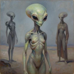 oil painting of an alien in the future by alphosne mucha adolf and hiremy hirschl