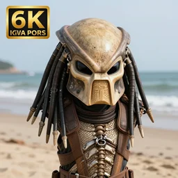 high quality photo of The Predator Mask on the beach, realism, 8k, award winning photo
