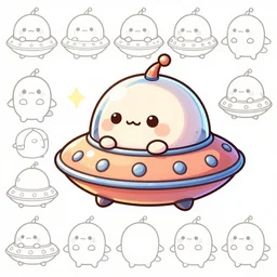 cartoony chibi cute!! creature piloting a cute flying saucer, asset sheet, material study, high quality outlines