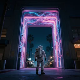 an astronaut exploring downtown los angeles at night, giant doorway with neon fractal light, dramatic, moody, 4 k, trending on artstation, photorealistic, volumetric lighting, rule oft thirds, award winning, octane render