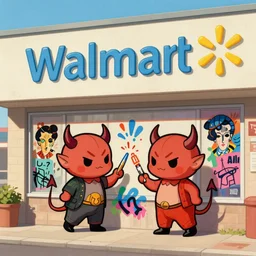 vintage illustration of two cute demons painting graffiti on a walmart storefront, 4 k post - processing highly detailed by wlop, junji murakami, mucha klimt, sharandula, hiroshi yoshida, artgerm, craig mullins