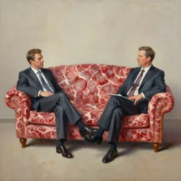 oil painting of couch made out of meat, business men sitting on couch of meat and talking,