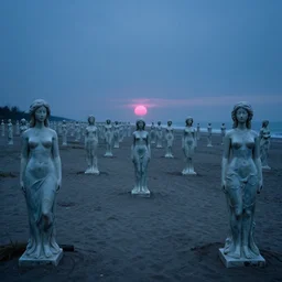 a long beach scattered with dozens of towering statues of ceramic women with pink light on the horizon by roger dean, edward hopper, zdzislaw beksinski highly detailed, 8 k, blue, bleak,