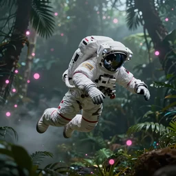 mid - angle single shot of flying body of space astronaut in weightlessness inside tropical jungle with palm leaves, small foggy and gloomy, pink lights, bokeh background, highly detailed science fiction illustration by jeremy geddes. photorealistic, octane render, hyper detailed, 8 k, movie still, artstation, unreal engine