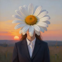 giant daisy flower on head, frontal, girl in a suit, surreal photography, sunrise, dramatic light, impressionist painting, digital painting, artstation, simon stalenhag