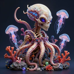 alien skeletal creature made out of coral, rock, jellyfish and nautiluses, bioluminescent, intricate digital artwork, photorealistic octane 3D render, smooth digital painting, vibrant colors, eye catching, masterpiece