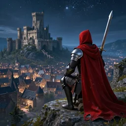 a knight with a torn red cape, with a claymore, on a mountain, gazing to a medieval city and big medieval castle, starry night, cinematic lighting + 3 d octane render + 8 k + hdr + photographic + legendary scene + extremely detailed