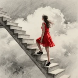 a girl in a red dress climbing infinite stairs to heaven, cinematic image, hyperrealistic, sketch draw