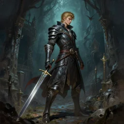 A lithe elven fighter protagonist with an enchanted sword is exploring the grimdarkest dungeon depths. trending on Pixiv. trending on ArtStation. A vibrant digital oil painting. A highly detailed fantasy character illustration by Wayne Reynolds and Charles Monet and Gustave Dore and Carl Critchlow and Bram Sels