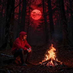 a dark photo of a man in a red hoodie sitting next to a campfire in dark and scary blood red forest, red sun in the background, low contrast, 8K