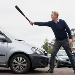 2 4 mm colour photograph of geert wilders wrecking a car with bat in amsterdam while angry mob is shouting, fire, smoke, atmospheric lighting, by joel meyerowitz, by saul leiter
