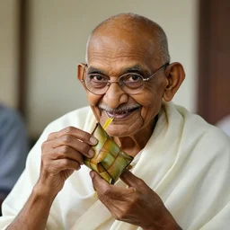 gandhi smiles eating ketupat