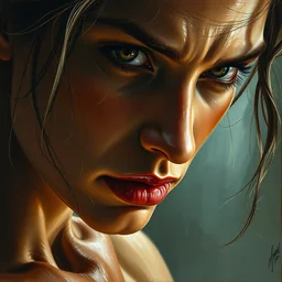 muscular sweat lara croft, face close up, highly detailed painting by gaston bussiere, craig mullins, j. c. leyendecker 8 k