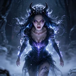photorealistic full body shot of masterpiece angry darkness anime girl, beautifull lovely eyes, electric aura with particles, snowing, darkness background, inspired by tim burton, detailed, unreal engine 4 k, volumetric light, fog
