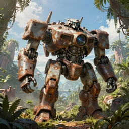 a hyperrealistic hyperdetailed matte matte painting of a gigantic rusty and broken old battlemech on a alien jungle planet, sunny weather, a detailed matte painting by kelly freas and christophe vacher, hires render, hires, 8 k, 4 k, ambient light, light occlusion