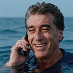 film still of an extremely happy robert de e niro using his mobile phone in middle of the sea, cinematic, dramatic, close - up, reflections, extremely detailed face