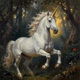 majestic gracious unicorn portrait, magic forest, atmospheric lighting, painted, menacing, intricate, volumetric lighting, beautiful, rich deep colours masterpiece, golden hour, sharp focus, ultra detailed, by leesha hannigan, ross tran, thierry doizon, kai carpenter, ignacio fernandez rios