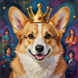 beautiful painting of a multiverse corgi king, by noah bradley, patrick woodroffe, posuka demizu, qing han, trending on artstation, 8 k, masterpiece, graffiti paint, fine detail, full of color, intricate detail, golden ratio illustration, face enhance