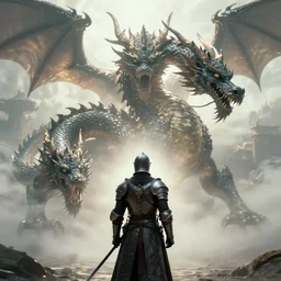 a knight facing down a giant dragon
