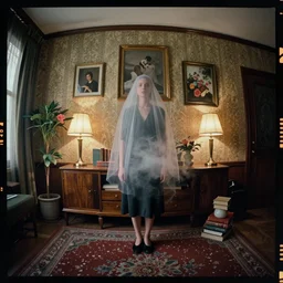 kodak portra 4 0 0, wetplate, fisheye, award - winning portrait by britt marling, 1 9 3 0 s room, ghost, picture frames, shining lamps, dust, smoke, 1 9 3 0 s art deco furniture, wallpaper, carpet, books, muted colours, wood, fog, plants, flowers