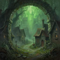 painting of a quaint lovecraftian village with a creepy stone tunnel, fog, green ambient light, masterpiece, trending artstation