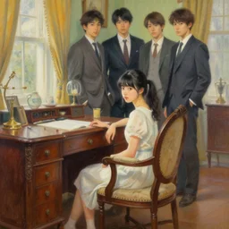 painting by wlop, conrad roset, coby whitmore, and chie yoshii. of a pretty cute japanese beauty sitting on antique chair leaning against a desk, sideview, victorian room