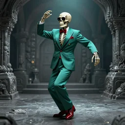 a skeleton in sunglasses and an elegant suit dancing, digital art, teal and red color palette, gray dungeon background, very realistic, artstation, by amadeo modigliani