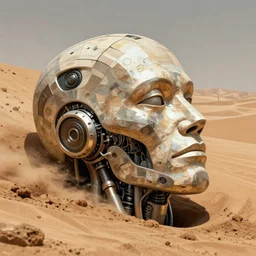 a iilustration of a large head of a cyborg buried in the desert, fine art, intrincate, by moebius, jean giraud & kilian eng