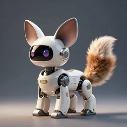 product photo of a futuristic pet robot, kindchenschema, huge ears, huge tail, by artgerm and greg rutkowski and marc newson and zaha hadid, behance lemanoosh, alphonse mucha, otter fennec pudu mix, side view, volumetric light, detailed, octane render, midsommar - t