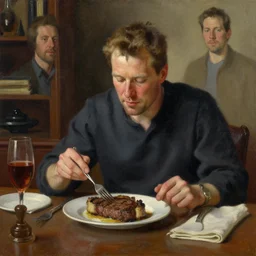 vince mcmahon jr eating steak at his desk, an oil painting by ross tran and thomas kincade