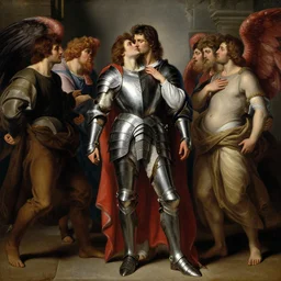 attractive handsome fully clothed christopher tietjens confesses his love for attractive fully armored valentine wannop. centered composition. highly detailed painting by gaston bussiere and j. c. leyendecker and william adolphe bouguereau and fra angelico and octane render, musee d'orsay 8 k