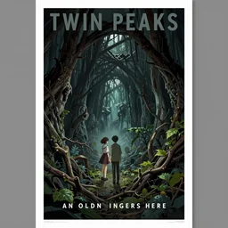 Twin Peaks poster artwork by Michael Whelan and Tomer Hanuka, Karol Bak, Rendering of An olden evil lingers here, in these dark and dreadful caverns of twig and leaf, from scene from Twin Peaks, full of details, by Makoto Shinkai and thomas kinkade, Matte painting, trending on artstation and unreal engine