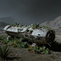 surveillance photograph of an old ancient crashed spaceship, overgrown with plants, on a desolate mountain planet, 1 9 8 0 s film still, screenshot from a sci - fi movie, ridley scott, annihilation,