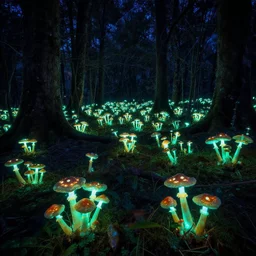 a beautiful wide - lens landscape photograph of a vibrant glowing bioluminescent mushroom forest, glowing lighting